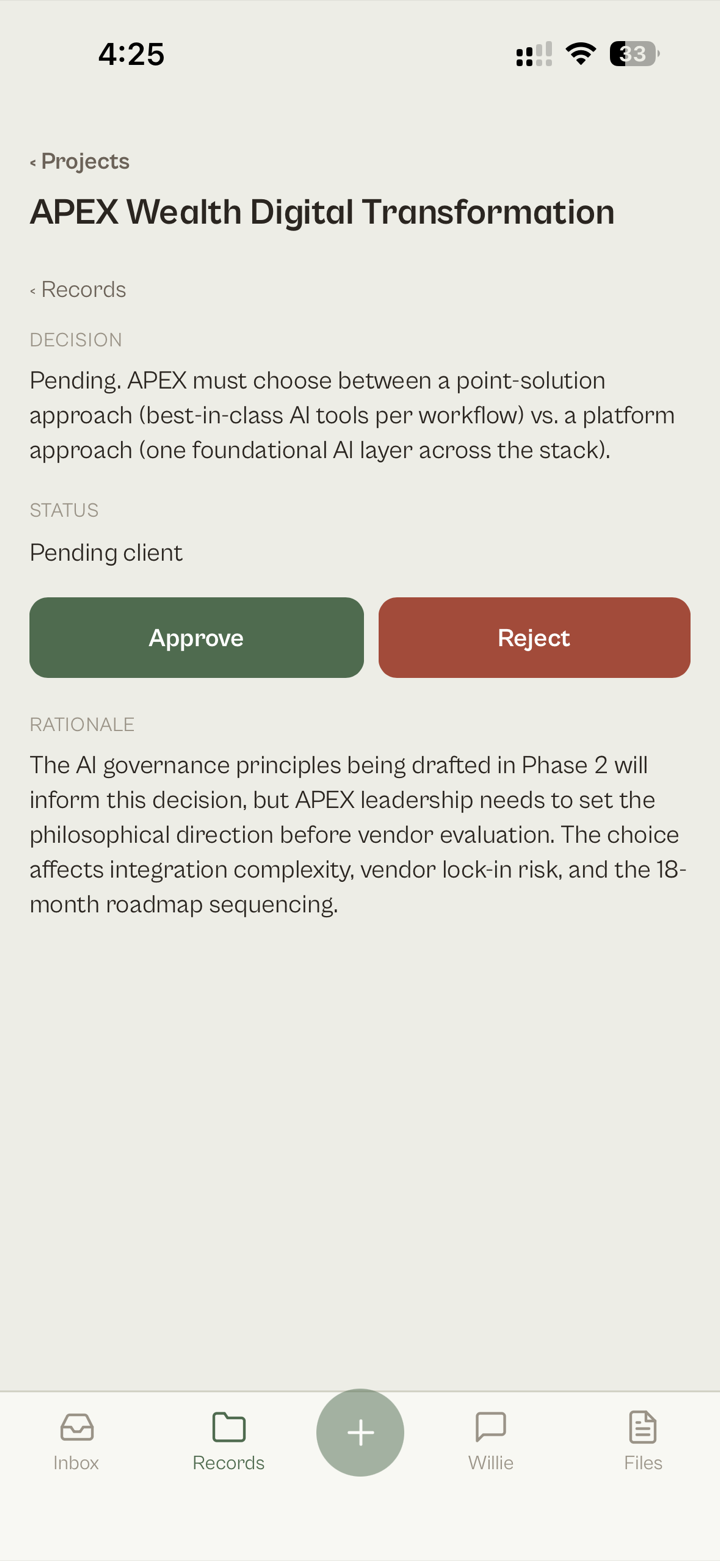 Approving a decision on mobile, with the reasoning captured as a note