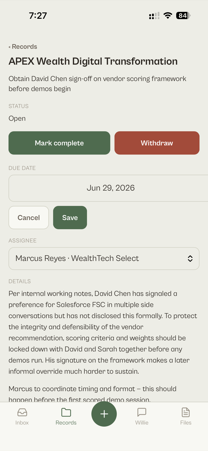 Task detail with mark complete, due date, and assignee